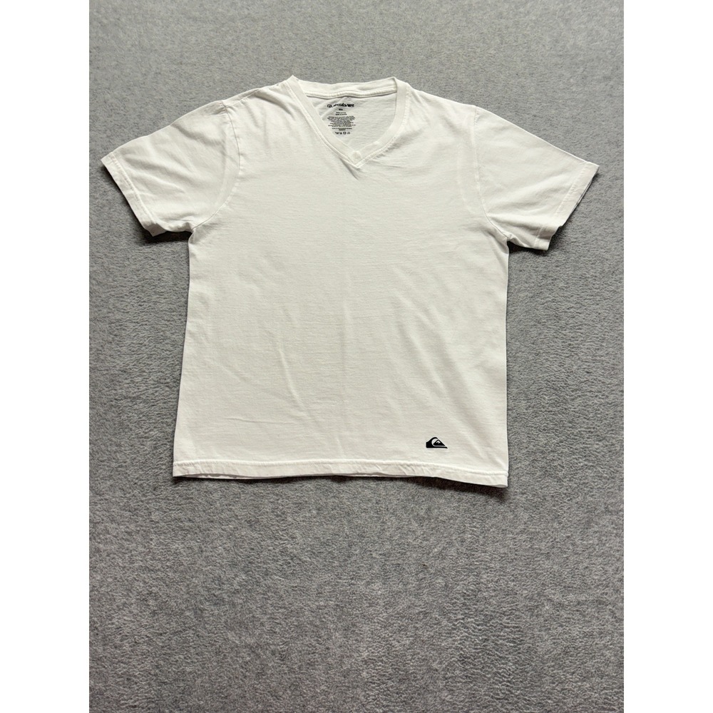 Quiksilver Mens Small White V-Neck Short Sleeve 100% Cotton Logo T-Shirt